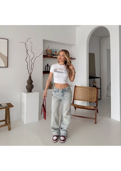 0 Yaka Motosport Baskılı Ribana Kadın T-Shirt fiyatları