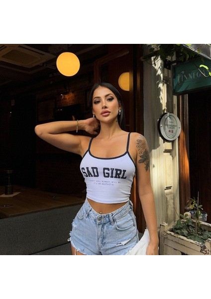 Askılı Sad Girl Baskılı Şeritli Kadın Badi