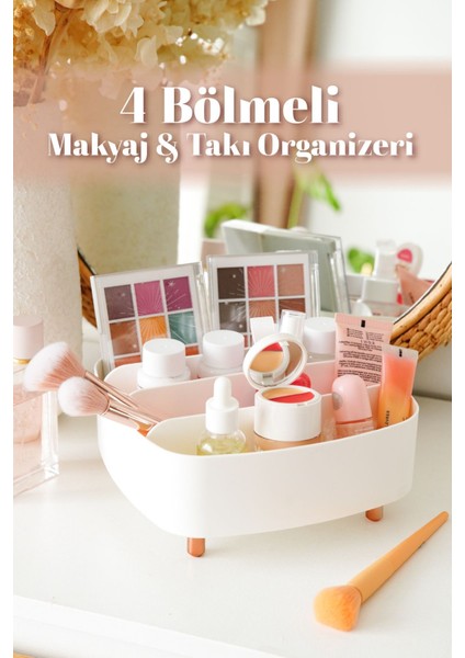 Beyaz 4 Bölmeli Ayaklı Makyaj ve Takı Organizeri, şık ve düzenli saklama çözümü