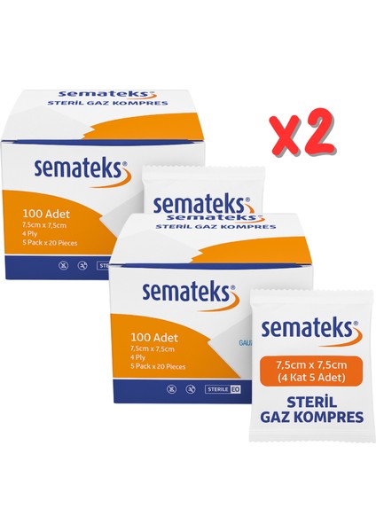 Steril Gaz Kompres Spanç Emici Gazlı Bez 7,5cmx7,5 cm 100'lü 5'li 20 Paket 4 Katlı