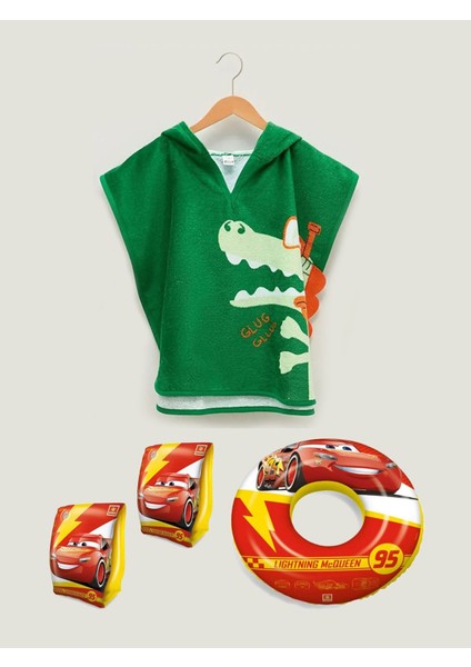 Kapüşonlu (3-5 Yaş) Çocuk Panço Havuz Plaj Havlusu Şimşek Mcqueen Kolluk ve Simit Set