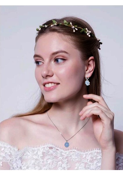 Aquamarin Taşlı Pırlanta Model Lotus Çiçeği Kadın Gümüş Set