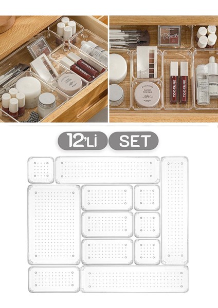 12 Parça Modüler Çekmece İçi Düzenleyici, Beyaz, Plastik, Takı ve Kozmetik Organizer
