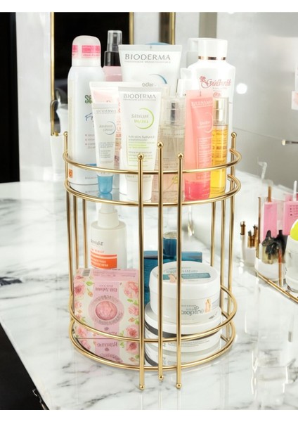 Aynalı 2 Katlı Metal Makyaj Organizeri, Altın Renk, 3 Parça, Şık ve Pratik Saklama Çözümü