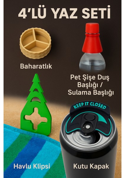 Kamp Plaj Piknik Için 4’lü Yaz Seti – Baharatlık Duş Başlığı Havlu Klipsi Içecek Kapağı