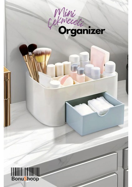 Beyaz turkuaz mini düzenleyici, kozmetik ve takı saklama kutusu, 6+ parça, plastik