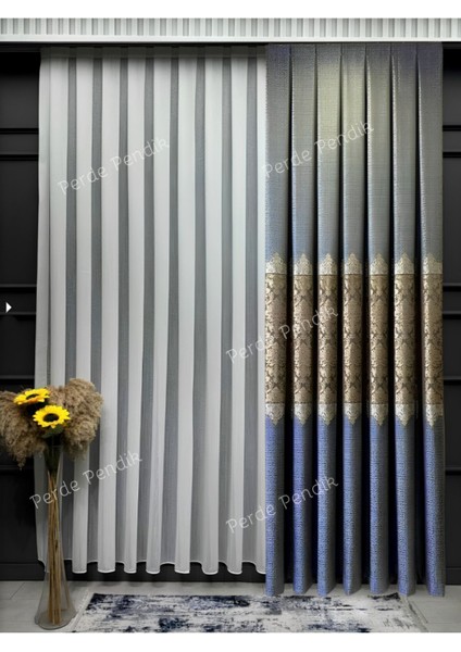 Lüks Çiçek Desen Avangart Indigo Mavisi Renk Fon Perde Sık Kanun Pile (Tek Kanat)