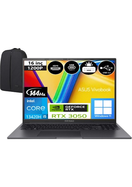 Vivobook 16X K3605VC-RP391WEP14 Intel Core I5 13420H 32 GB Ram 2 Tb SSD RTX3050 144Hz Fhd Windows 11 Home + Elektropasaj Çanta