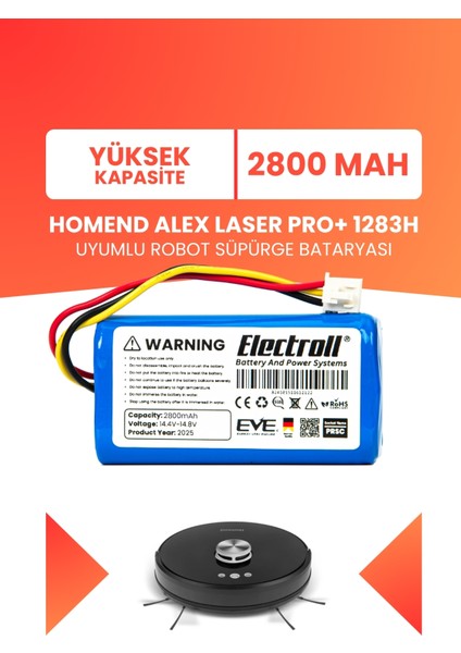 Homend Alex Laser Pro+ 1283H Uyumlu Batarya (Yüksek Kapasite) 2800MAH Pil Robot Süpürge Bataryası