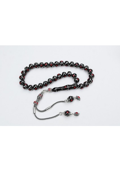 Oltu Taşı Küre Model Üçlü Çeşmi Bülbül Kırmızı Işlemeli Bürokrat Boy Tespih