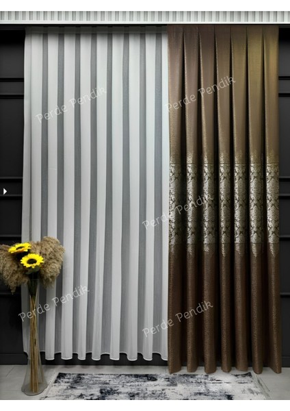 Lüks Çiçek Desen Avangart Kahve Renk Fon Perde Sık Kanun Pile (Tek Kanat)