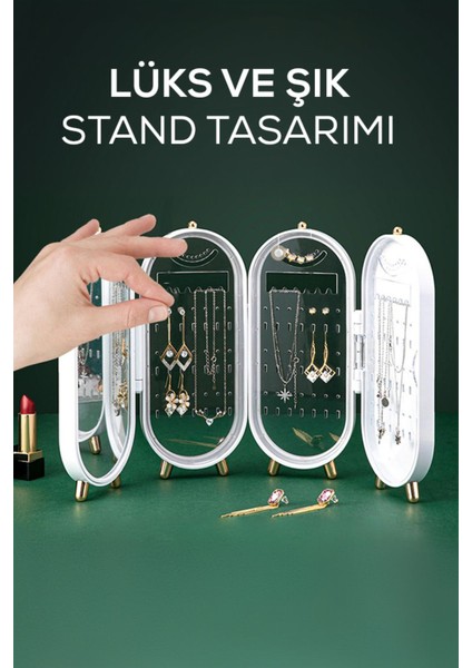 Katlanabilir Aynalı ve Ayaklı Takı Standı, Beyaz, Plastik, Pratik ve Şık Tasarım