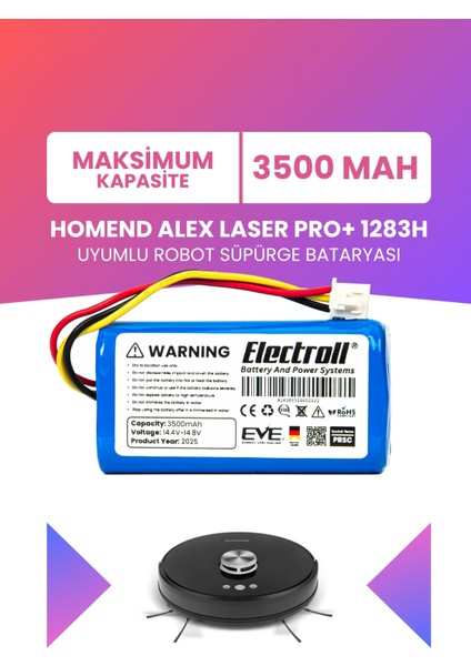 Homend Alex Laser Pro+ 1283H Uyumlu Batarya (Maksimum Kapasite) 3500MAH Pil Robot Süpürge Bataryası