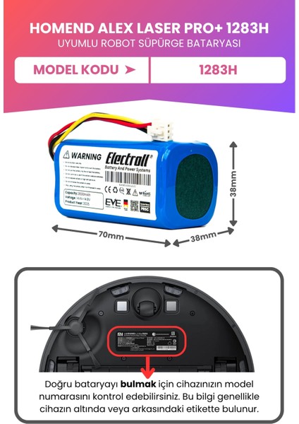 Homend Alex Laser Pro+ 1283H Uyumlu Batarya (Maksimum Kapasite) 3500MAH Pil Robot Süpürge Bataryası fiyatları