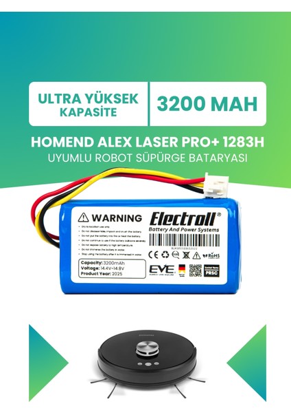 Homend Alex Laser Pro+ 1283H Uyumlu Batarya (Ultra Yüksek Kapasite) 3200MAH Robot Süpürge Bataryası