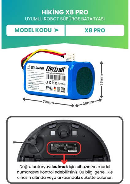 Hiking X8 Pro Uyumlu Batarya (Ultra Yüksek Kapasite) 3200MAH Pil Robot Süpürge Bataryası fiyatları