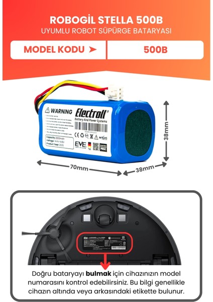 Robogil Stella 500B Uyumlu Batarya (Yüksek Kapasite) 2800MAH Pil Robot Süpürge Bataryası fiyatları
