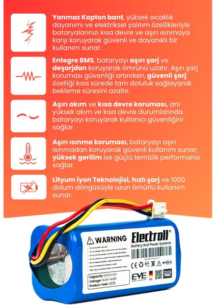 Robogil Stella 500B Uyumlu Batarya (Yüksek Kapasite) 2800MAH Pil Robot Süpürge Bataryası modelleri