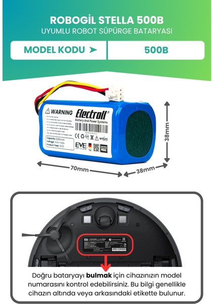 Robogil Stella 500B Uyumlu Batarya (Ultra Yüksek Kapasite) 3200MAH Pil Robot Süpürge Bataryası fiyatları