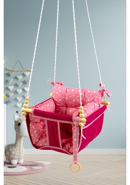 Wag Swing Pembe Çocuk Ahşap Salıncak Bebek Hamak Ev Tavan Bahçe Salıncağı