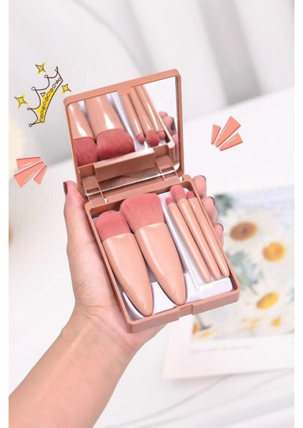 Pembe Çoklu Kozmetik Fırça Seti, 5 Parça, Plastik, Göz, Allık, Pudra, Karıştırma