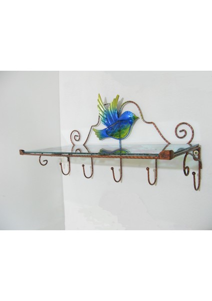 Duvar Rafı Askılı Mavi Kuş Desenli Antre Tipi Cam Metal 50 cm 1 Adet