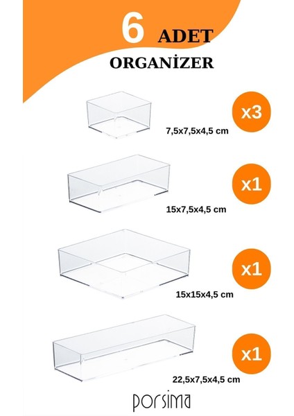 6'lı Takı Düzenleyici Kutu, Çok Amaçlı Çekmece İçi Organizer, Beyaz, Şeffaf, Plastik fırsatları