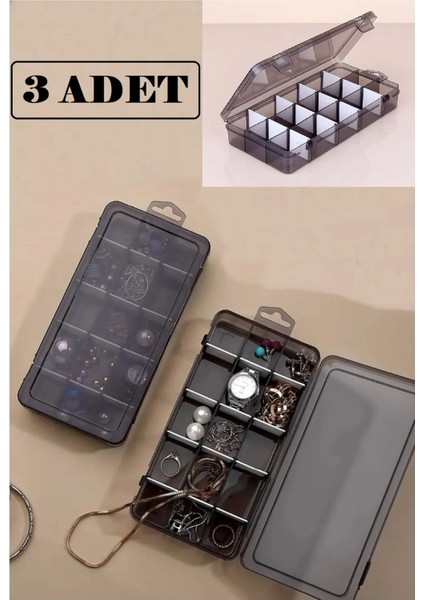 Gri 3'lü 15 Bölmeli Takı ve Dikiş Organizer Kutusu, Pratik ve Şık Saklama Çözümü