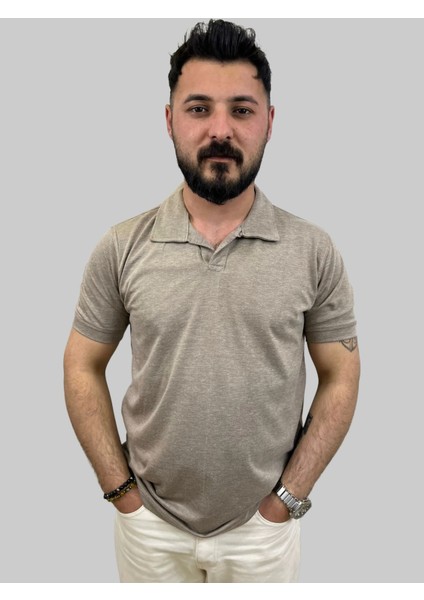 Erkek Bymn Düğmesiz Polo Yaka Bej Tişört