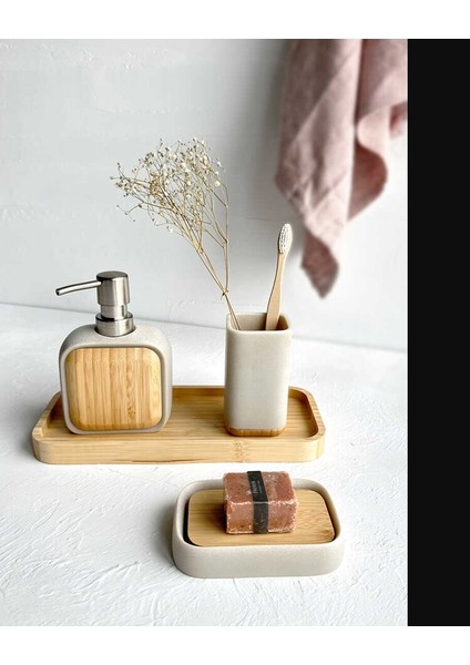 Sau 3'lü Banyo Set Ahşap Sıvı Katı Sabunluk Diş Fırçalık Modern