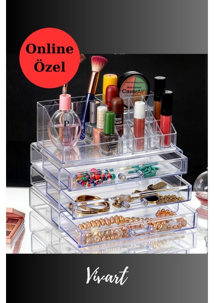 Büyük Boy Çekmeceli Şık Makyaj ve Takı Organizeri, Beyaz, 4 Parça, Plastik