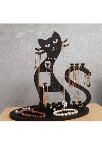 Kedi Figürlü Ahşap Takı ve Küpe Standı, Siyah, 3 Bölmeli, Şık ve Kullanışlı Tasarım