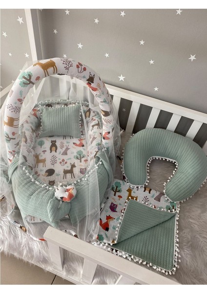 Babynest Yeşil Örgü Pike ve Orman Desen Ponponlu 6 Parça Jaju-Babynest Anne Yanı Set