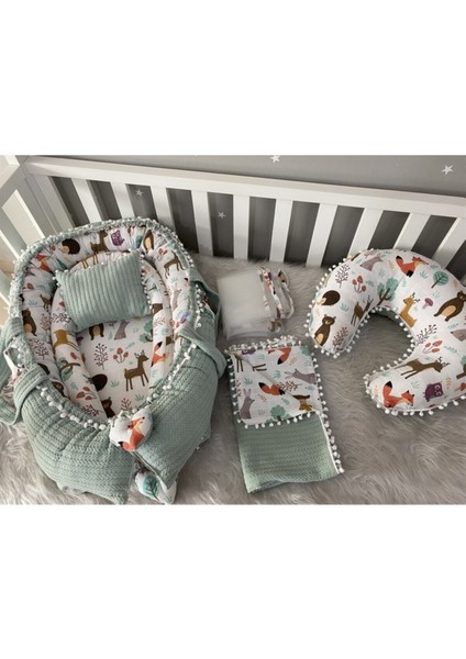 Babynest Yeşil Örgü Pike ve Orman Desen Ponponlu 6 Parça Jaju-Babynest Anne Yanı Set indirimleri