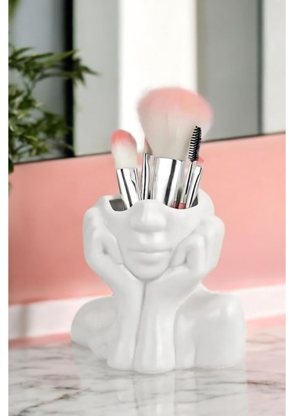 Beyaz makyaj fırça organizer, şık kozmetik düzenleyici, 28 parça, polyester