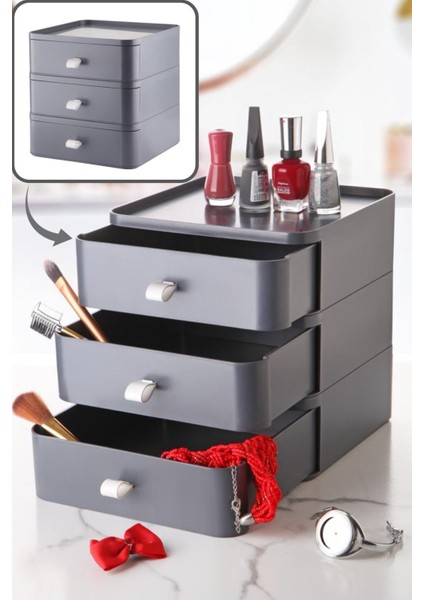 Gri 3 Katlı Masa Üstü Takı ve Aksesuar Düzenleyici, Plastik Malzeme