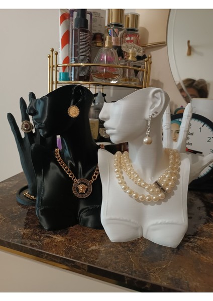 4'lü dekoratif takı ve makyaj standı, siyah ve beyaz, çok renkli, 21cm, 2 parça