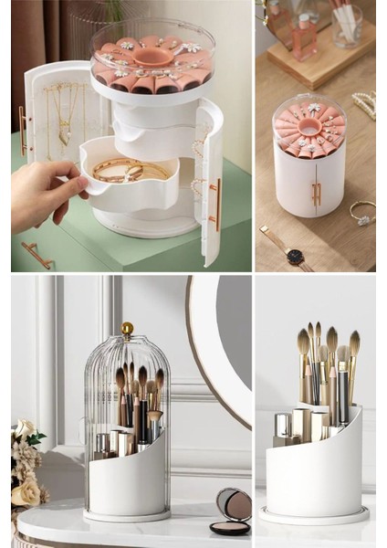 Şık Takı ve Fırçalık Seti, 2'li Çok Amaçlı Ev Dekoru, Krem Renkli, Plastik Materyal