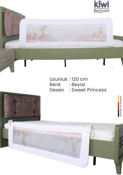 Bedguard Asansörlü 120 cm Yatak Bariyeri Tatlı Prenses Tasarımlı, Beyaz Renk Bebek Bariyeri