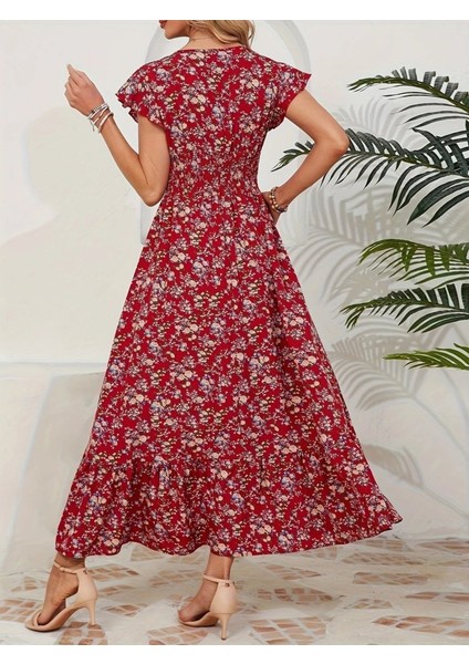 Kadın Kısa Kollu Kruvaze Yaka Beli Lastikli Çiçek Desenli Elbise fırsatları
