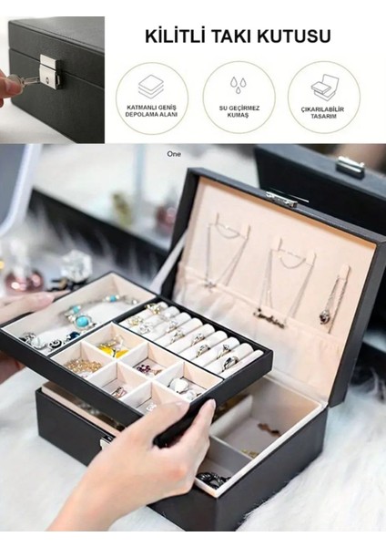 Şık siyah suni deri takı kutusu, kilitli düzenleyici, mücevher saklama alanı