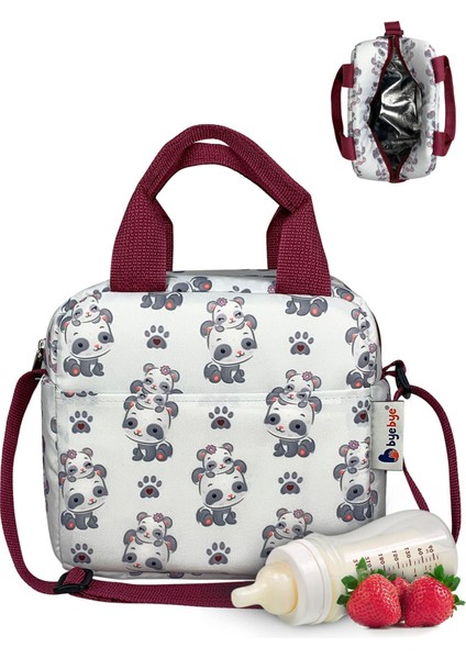 Beslenme Çantası ve Termos Yemek Taşıma Çantası Omuz Askılı-Bordo Panda