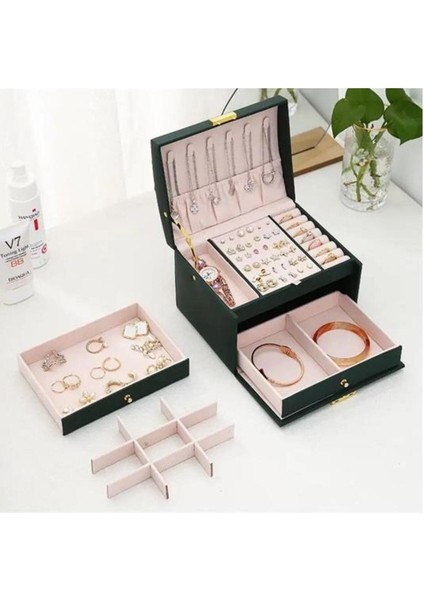 Üç Katmanlı Çok Fonksiyonlu Yeşil Takı ve Mücevher Kutusu, Kumaş Malzeme, 3 Parça modelleri