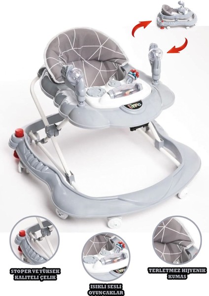 Yürüteç 8 Tekerlekli Oyuncaklı Katlanabilir Gri Renk Örümcek Yürüteç