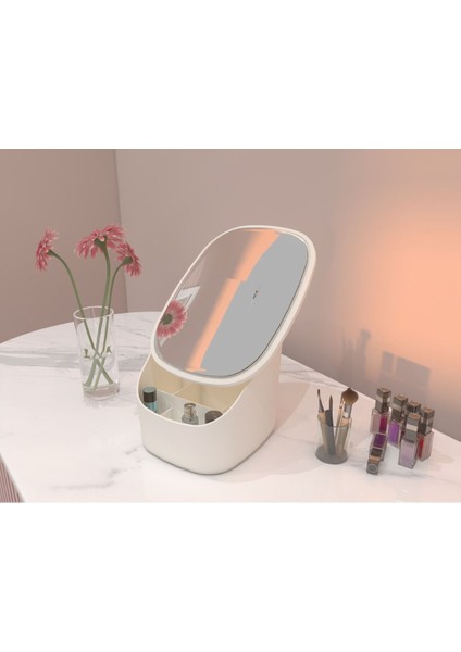 Aynalı Kapaklı Şık Makyaj Organizeri, Krem Renk, Plastik Malzeme, Kullanışlı ve Modern Tasarım