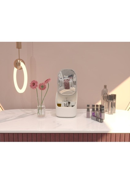 Aynalı Kapaklı Şık Makyaj Organizeri, Krem Renk, Plastik Malzeme, Kullanışlı ve Modern Tasarım modelleri