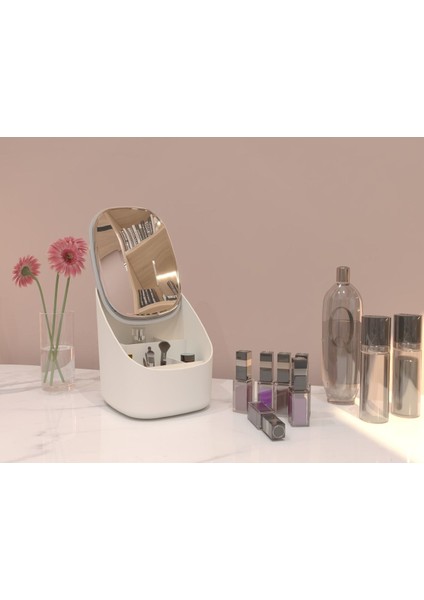 Aynalı Kapaklı Şık Makyaj Organizeri, Krem Renk, Plastik Malzeme, Kullanışlı ve Modern Tasarım fırsatları