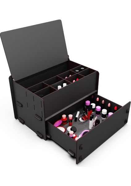 10 Gözlü Ahşap Takı ve Makyaj Organizeri, Siyah Renk, Şık ve Pratik Tasarım