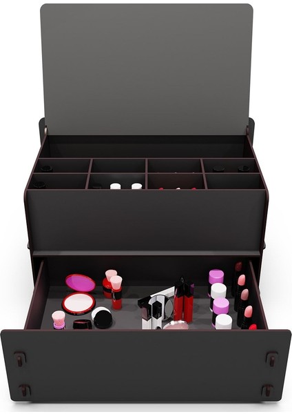 10 Gözlü Ahşap Takı ve Makyaj Organizeri, Siyah Renk, Şık ve Pratik Tasarım modelleri