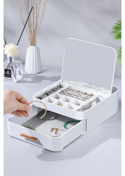 9 Bölmeli Beyaz Çekmeceli Makyaj ve Takı Organizeri
